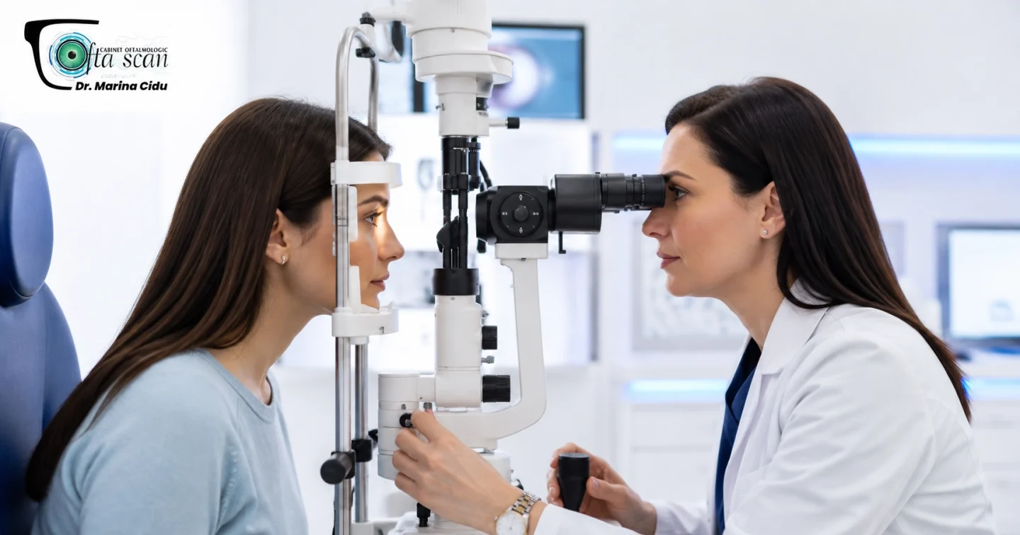 Evaluare oftalmologică la biomicroscop în cabinetul OftaScan din Huși, înaintea unei intervenții de chirurgie refractivă